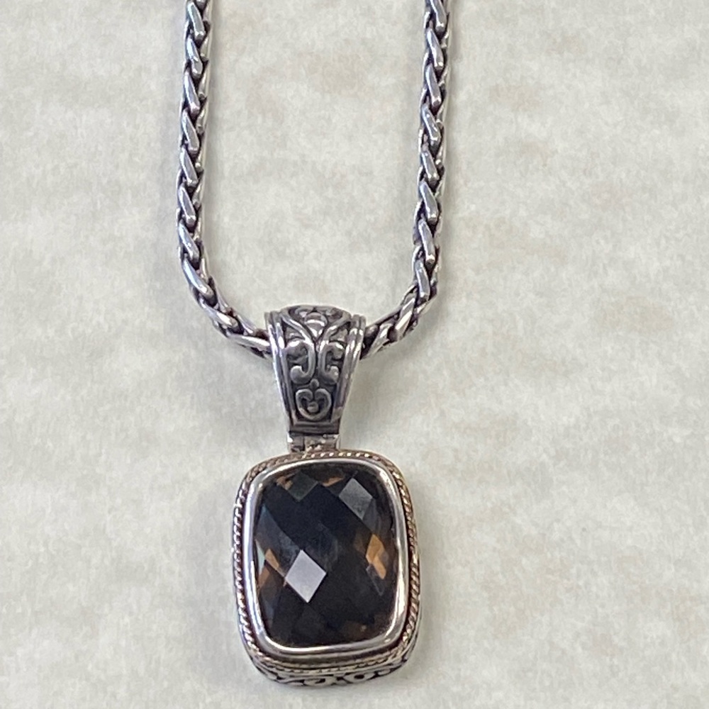 Effy sterling silver 925 & 18k gold Smokey topaz pendant on wheat necklace chain